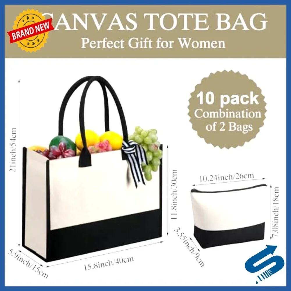 Canvas Tote Bags Set with Cosmetic Cases Classic Elegant Gift Bundle